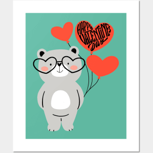 Grey Bear Black Glasses Pink Balloons Happy Valentine's Day Posters and Art